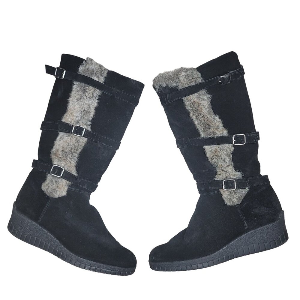 Aquatalia Black Faux Fur-Lined Knee-High Winter Boots Buckle Straps Non-Slip Sol